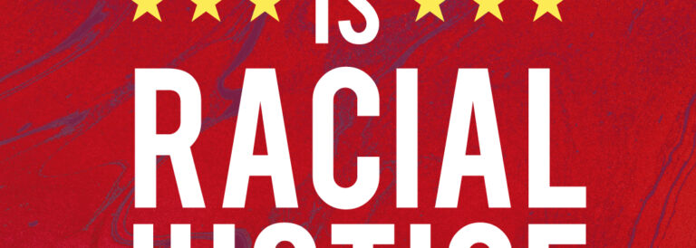 text that reads tax justice is racial justice on a red marble background